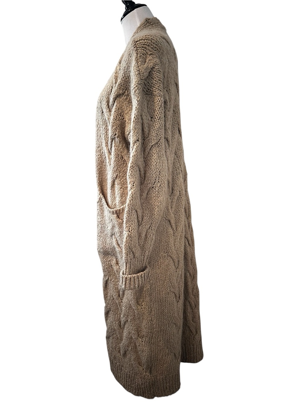 Zara Long Taupe Tan Cable Knit Open Long Line Cardigan with Pockets - Picture 4 of 15